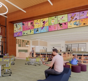 beal school media center rendering featuring sections of a colorful mural