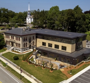 aerial photo of the Shrewsbury Public Library facing the front of the historic building