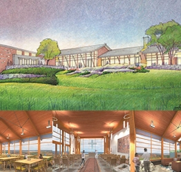 renderings of the interior and exterior of the contemplative center building