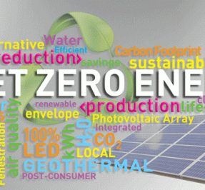 word graphic with words like net zero energy, sustainability, geothermal, photovotaic array, 100% LED