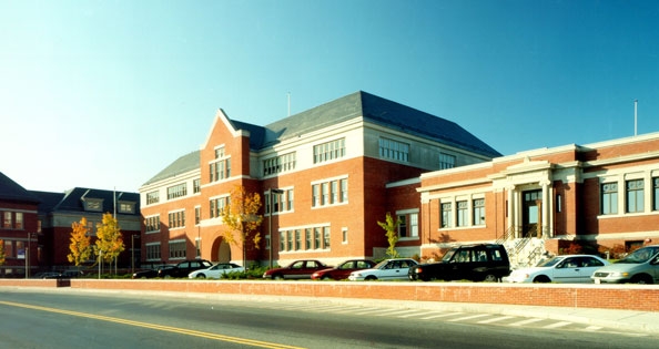 exterior view of the quinsigamond school from across the street