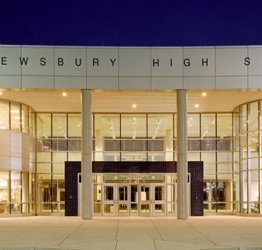 exterior photo of the Shrewsbury High School entrance at dusk
