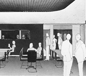 rendering from the 1970s. black and white image with faceless people standing in an office space