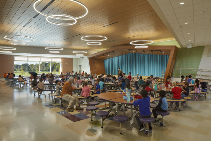 elementary school students having lunch in the cafeteria