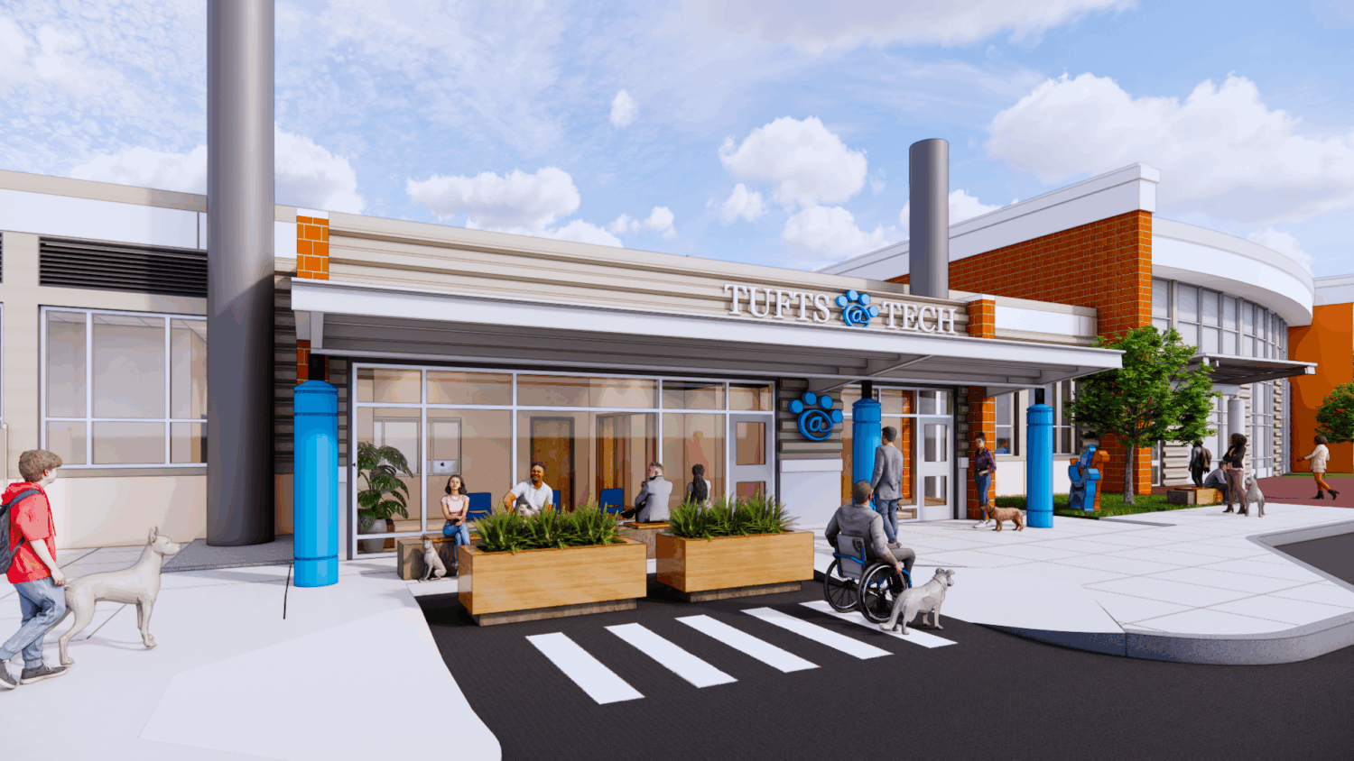 rendering of the front exterior of a vet tech clinic's separate entrance from the attached worcester technical high school