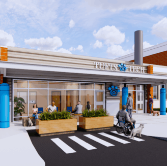 rendering of the front exterior of a vet tech clinic's separate entrance from the attached worcester technical high school