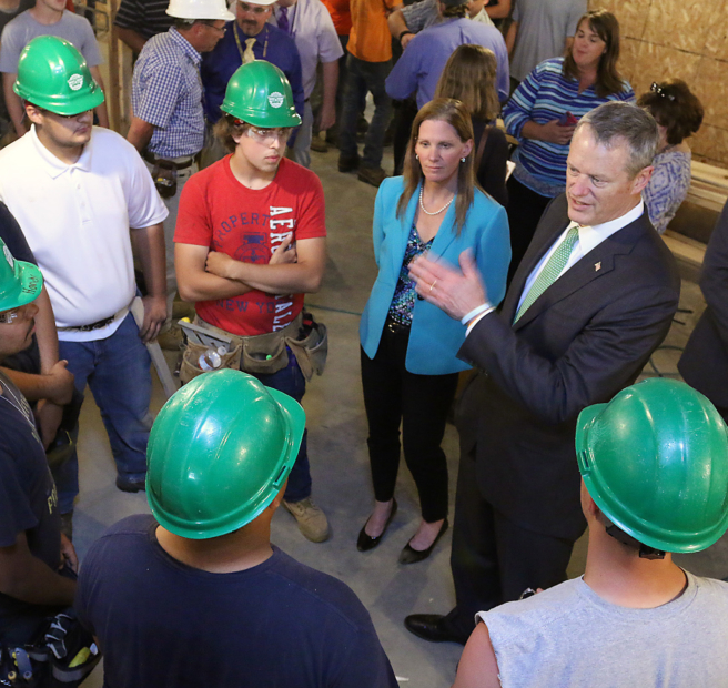 Governor Baker talks with Montachusett Regional Vocational Technical School juniors learning carpentry trades