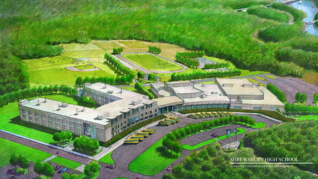 rendering of shrewsbury high school from the perspective of looking down on the entire building and its surroundings