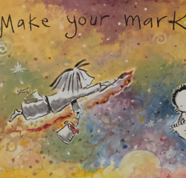 detail from a mural which is an illustration of a student flying through a colorful sky and the words make your mark can be seen