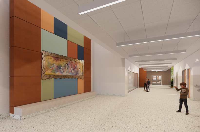 rendering of a student looking at a mural in the new school