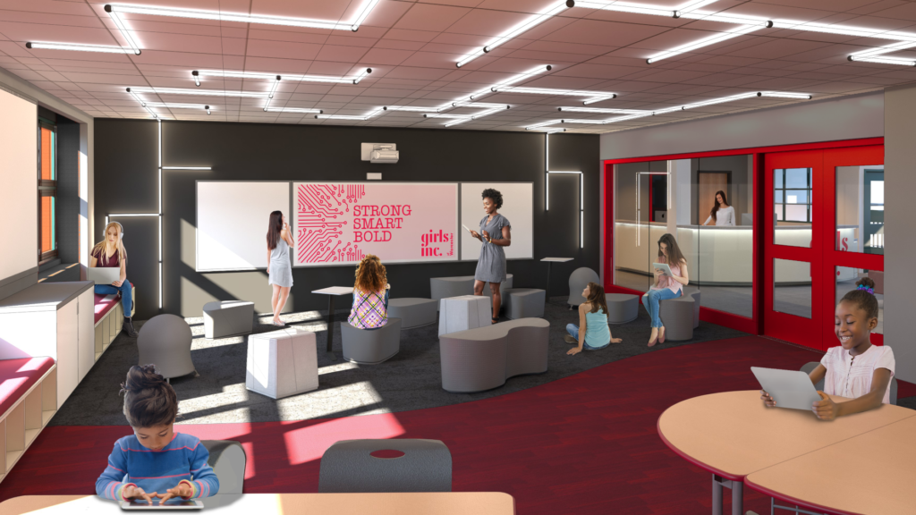 rendering of the new technology center where young girls are learning at a smartboard or looking at small computers