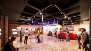 rendering of the theater lobby at Clark University's Michelson Theater