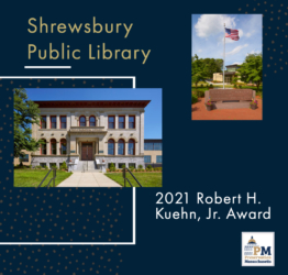 graphic showing the exterior of the historic public library, a memorial on the library grounds and the wrods 2021 Robert H Keuhn Jr Award