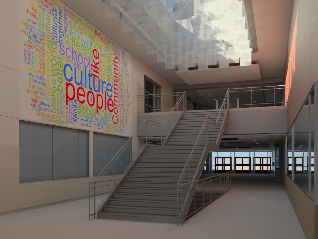 rendering of the word wall in the school lobby