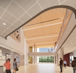 rendering of high school lobby with several students engaged in quiet activities