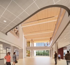 rendering of high school lobby with several students engaged in quiet activities