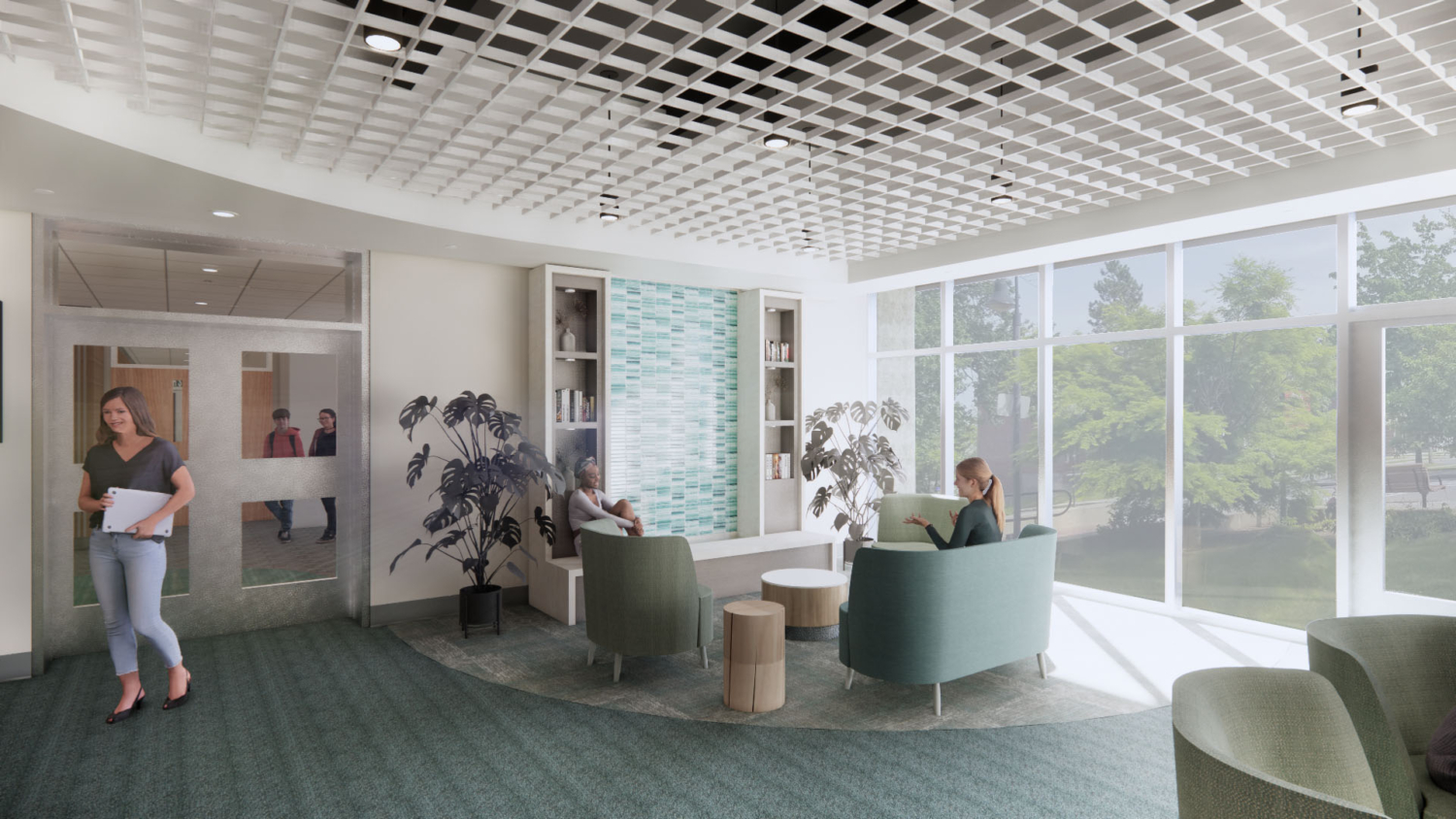 rendering of the center for well being showing students sitting in comfortable chairs near a water feature by a large window to the outside