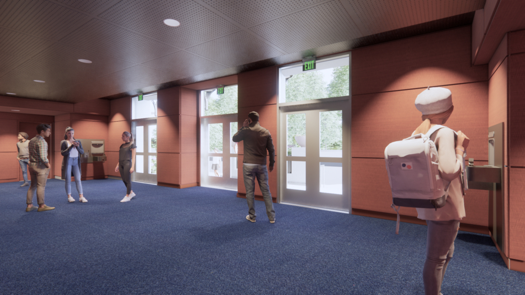 rendering of the lobby space of the sullivan auditorium looking out toward the front door