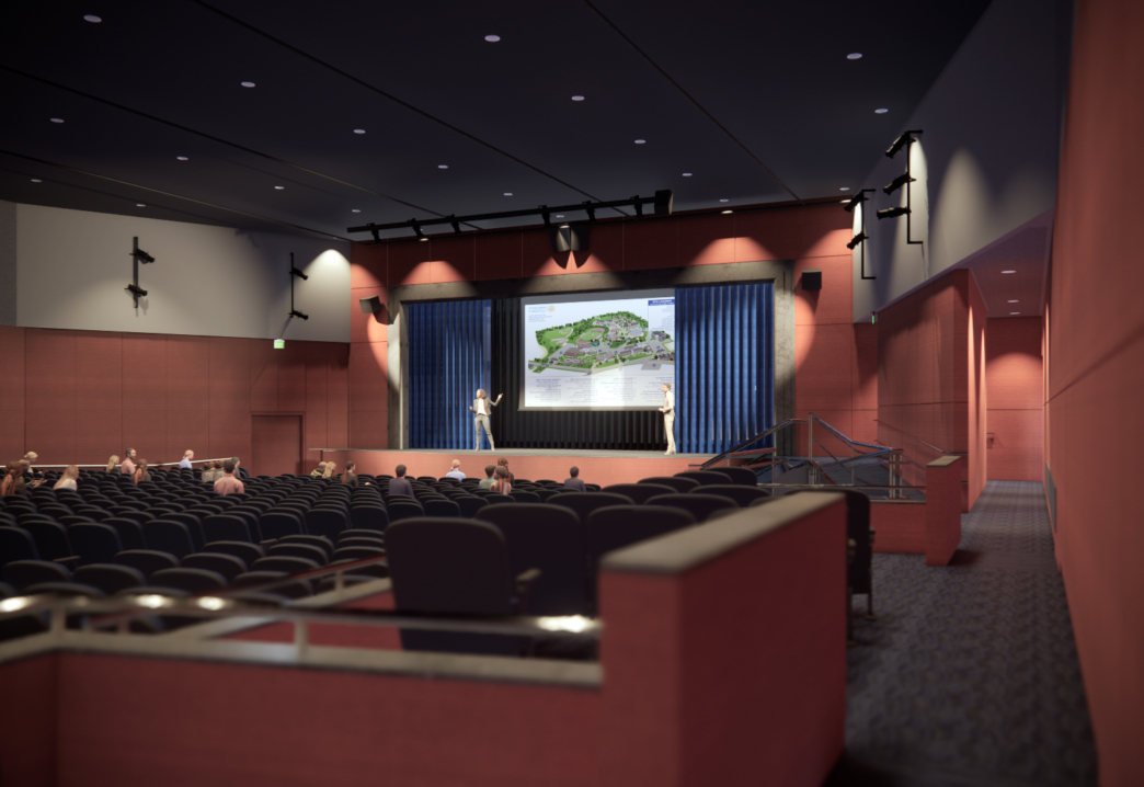 rendering of the interior of an auditorium space from the back of the room