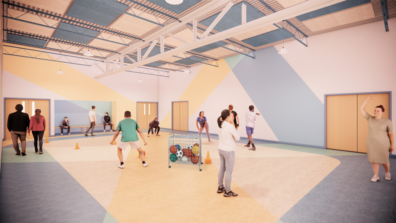 a rendering of people engaged in physical activity in a gymnasium