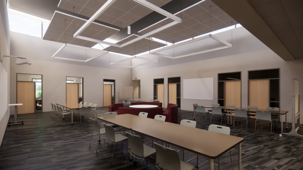 rendering of a guidance suite with tables and chairs between several office doors