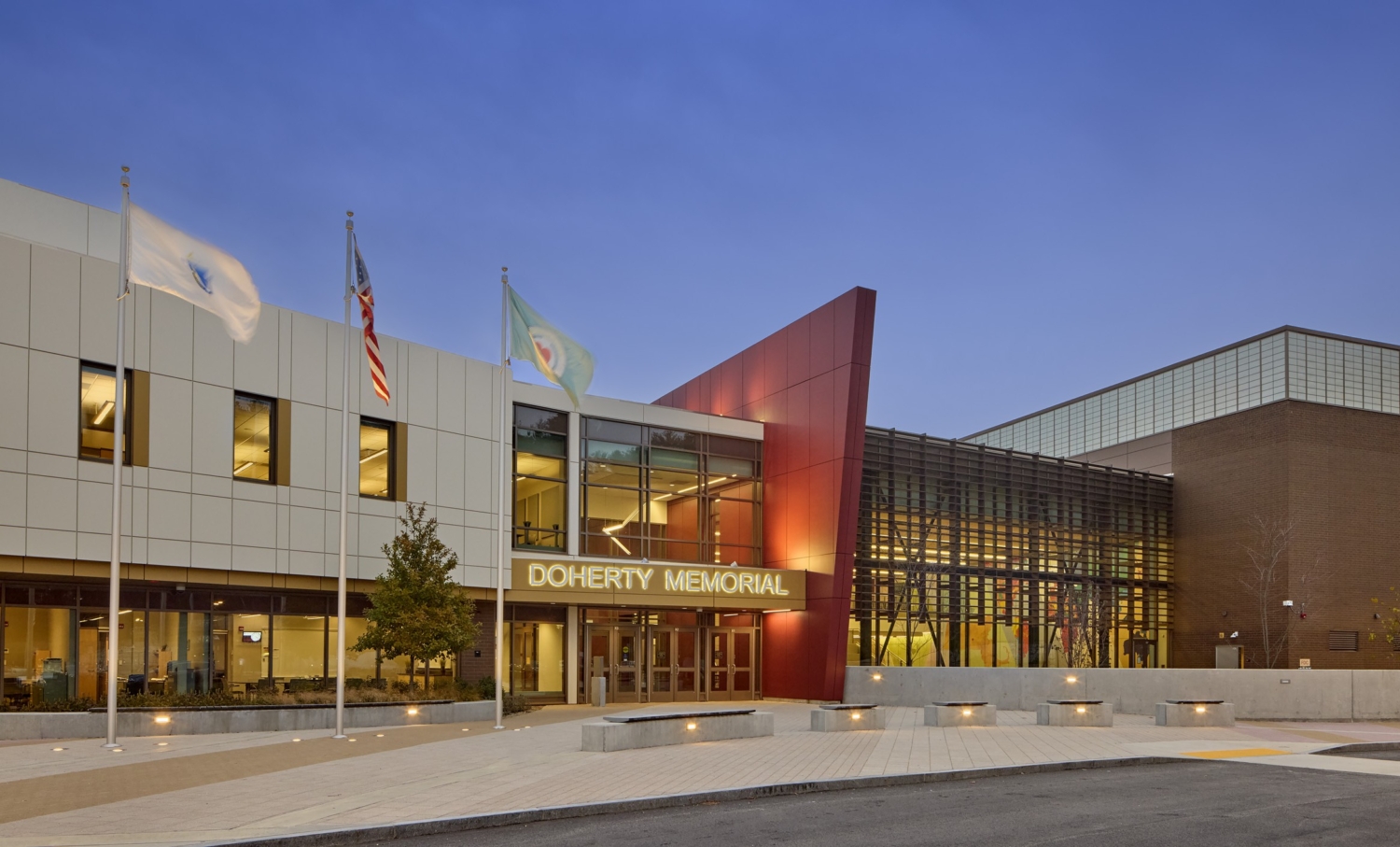 the exterior of the front entrance to Doherty Memorial High School