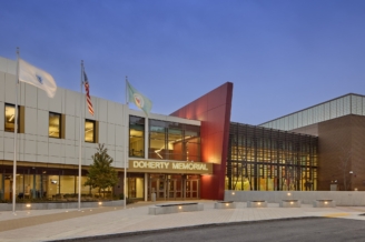 the exterior of the front entrance to Doherty Memorial High School