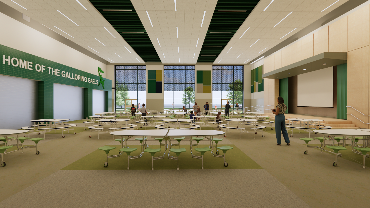 rendering of a middle school cafeteria showing a small stage and windows to the back of the image