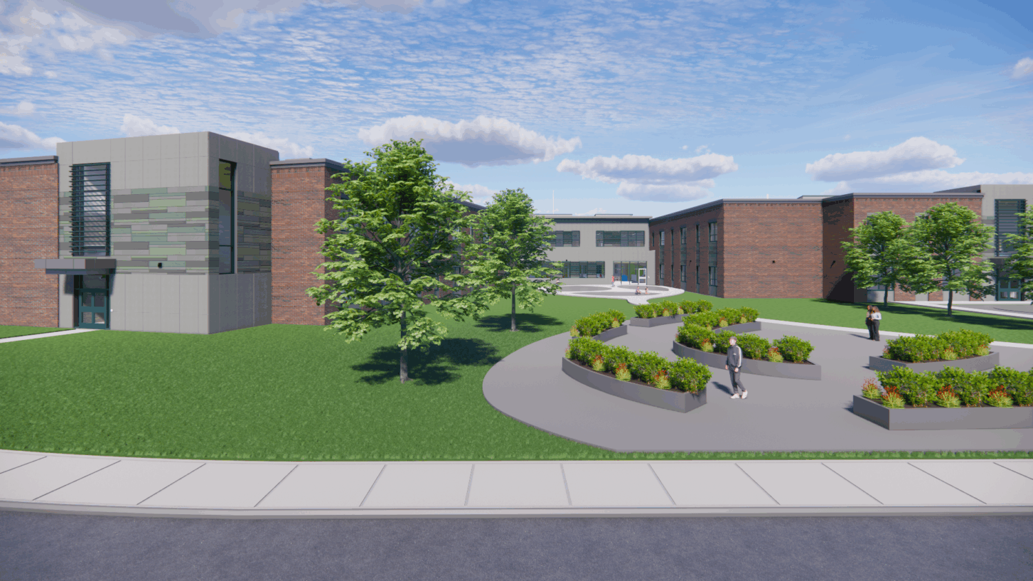 a rendering of the courtyard area of a middle school building