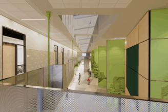 rendering shows the middle school lobby from an upper floor.