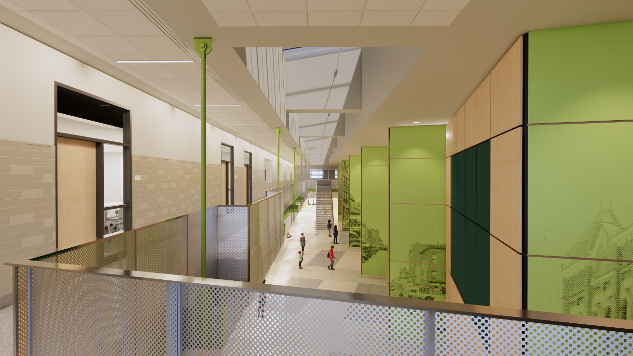 rendering shows the middle school lobby from an upper floor.