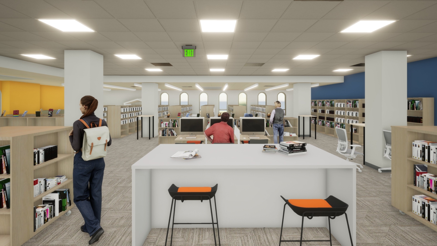 rendering of the inside of a library showing book stacks and desks