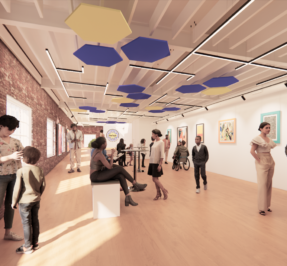 a rendering of the creative hub gallery space shows people looking at art and interactive in small groups