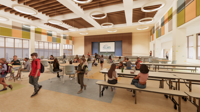 rendering of a cafeteria with students seated at tables or walking around