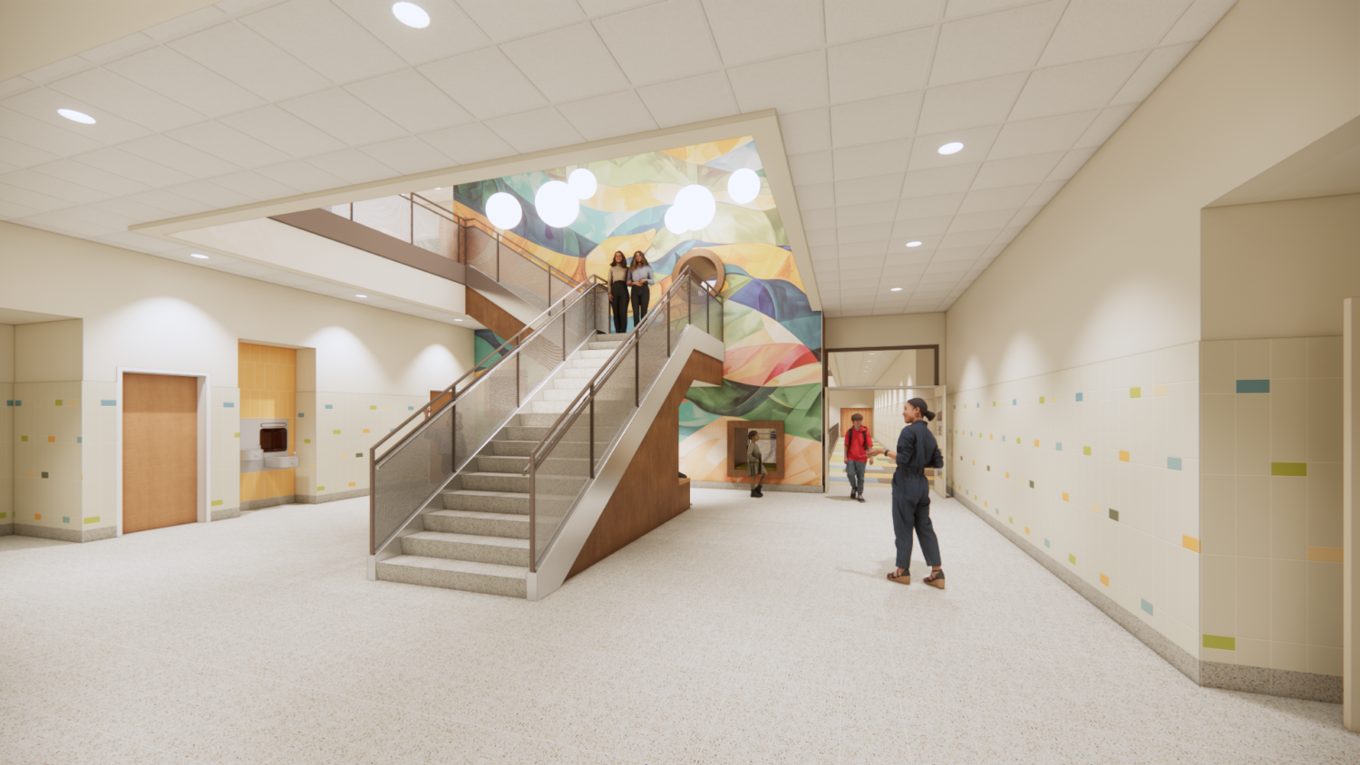 rendering of the Richer School lobby shows people on or near a staircase in front of a colorful mural