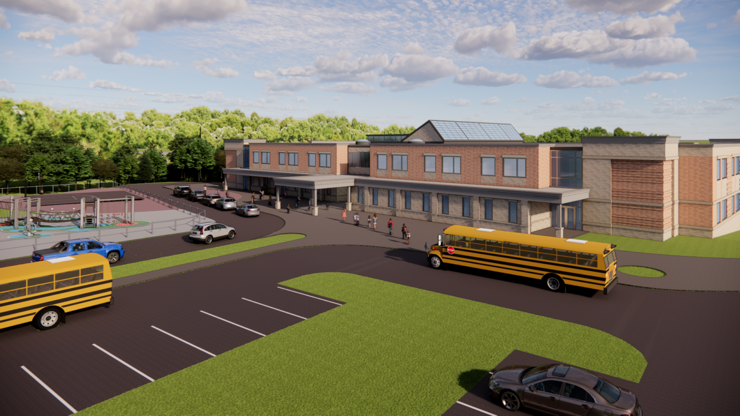 Rendering of the exterior entrance to the Richer School.
