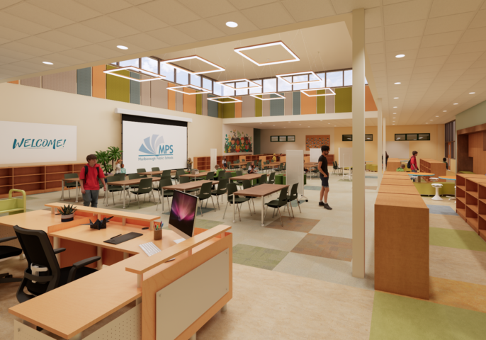 rendering of media center in richer elementary school in marlborough, students can be seen amongst tables and chairs and stacks of books