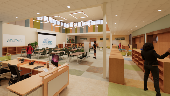 rendering of the media center at Richer Elementary