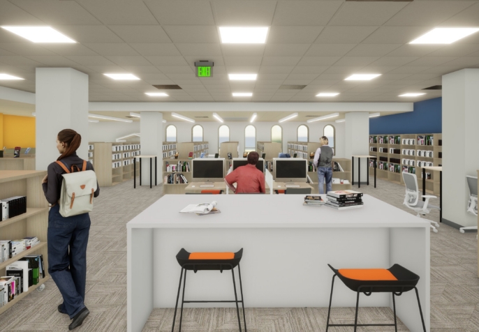 rendering of the westborough public library shows a wide desk and computer stations